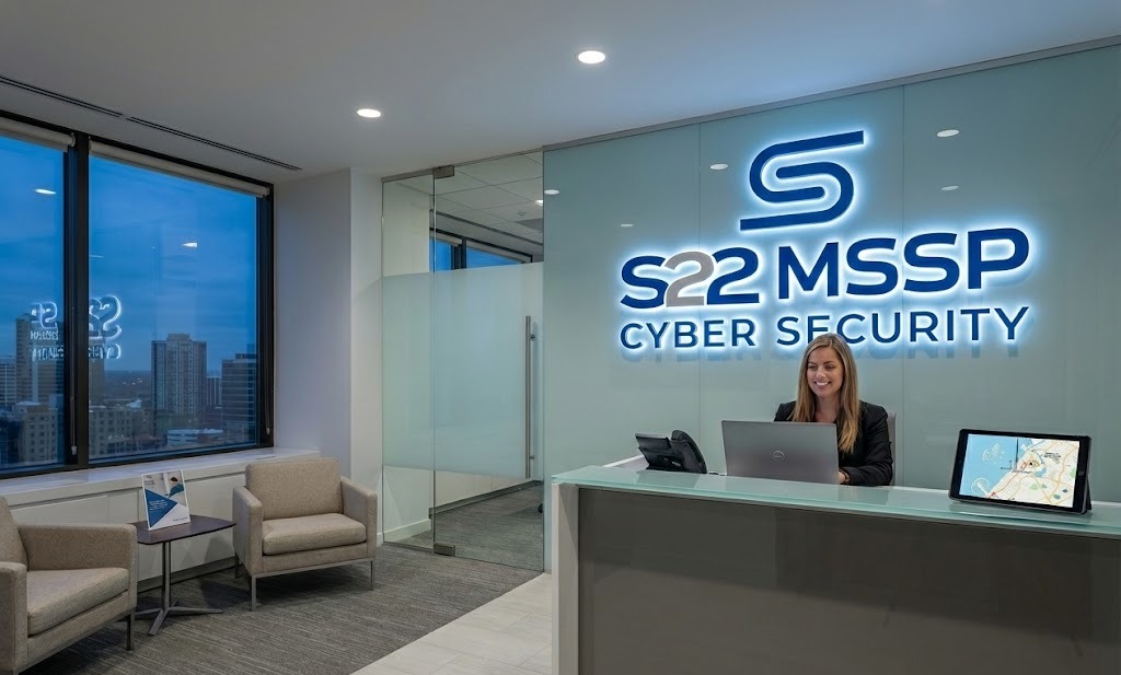 S22 MSSP office reception with cyber security signage